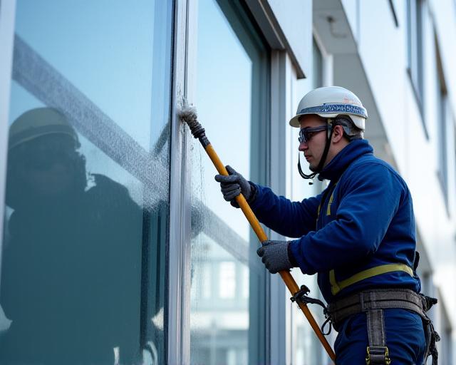 Specialist cleaning a historic metal building facade