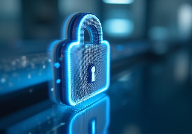 Close up of a highly polished metal surface reflecting a digital secure lock icon