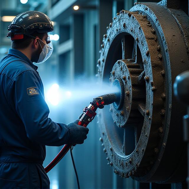 Close up of professional high-pressure metal cleaning in an industrial setting