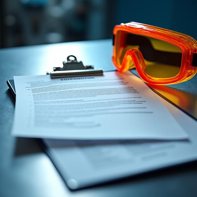 Close up of professional metal cleaning paperwork and safety equipment