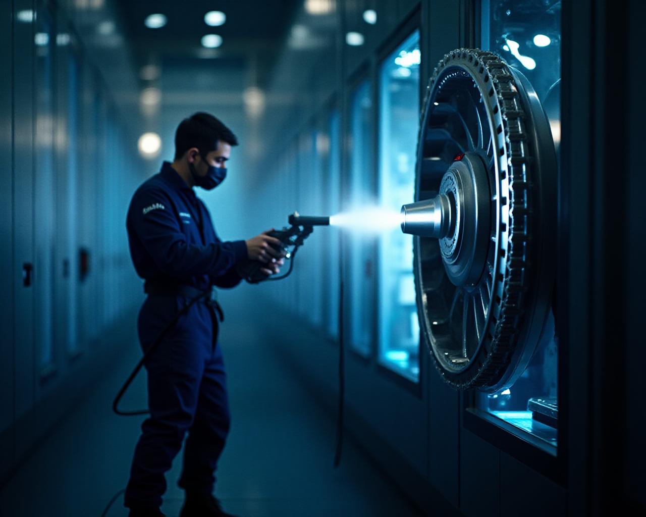 Large scale industrial machinery being cleaned with precision equipment